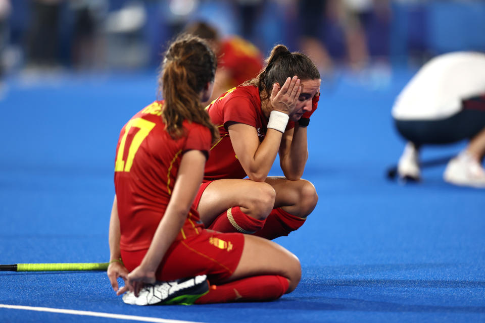 TOKYO, JAPAN - AUGUST 02: Belen Iglesias Marcos of Team Spain reacts following a loss in the Women's Quarterfinal match between Spain and Great Britain on day ten of the Tokyo 2020 Olympic Games at Oi Hockey Stadium on August 02, 2021 in Tokyo, Japan. (Photo by Buda Mendes/Getty Images)