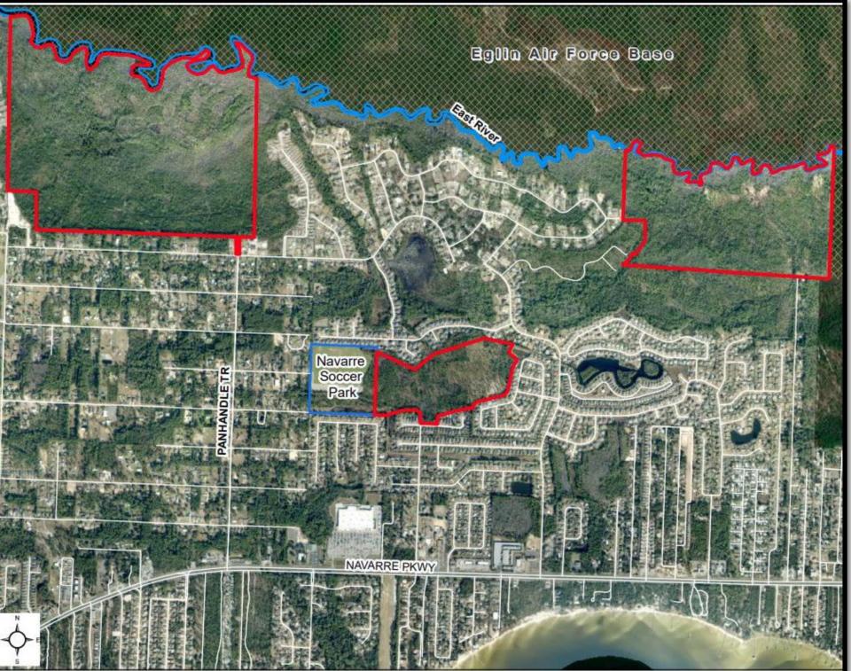 Outlined in red are the more than 500 acres of land that Santa Rosa County is looking to conserve.