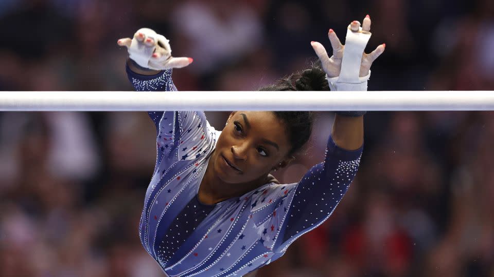 Simone Biles competes on the uneven bars on Day Two of the 2024 U.S. Olympic Team Gymnastics Trials at Target Center in Minneapolis, Minnesota on June 28, 2024. - Jamie Squire/Getty Images