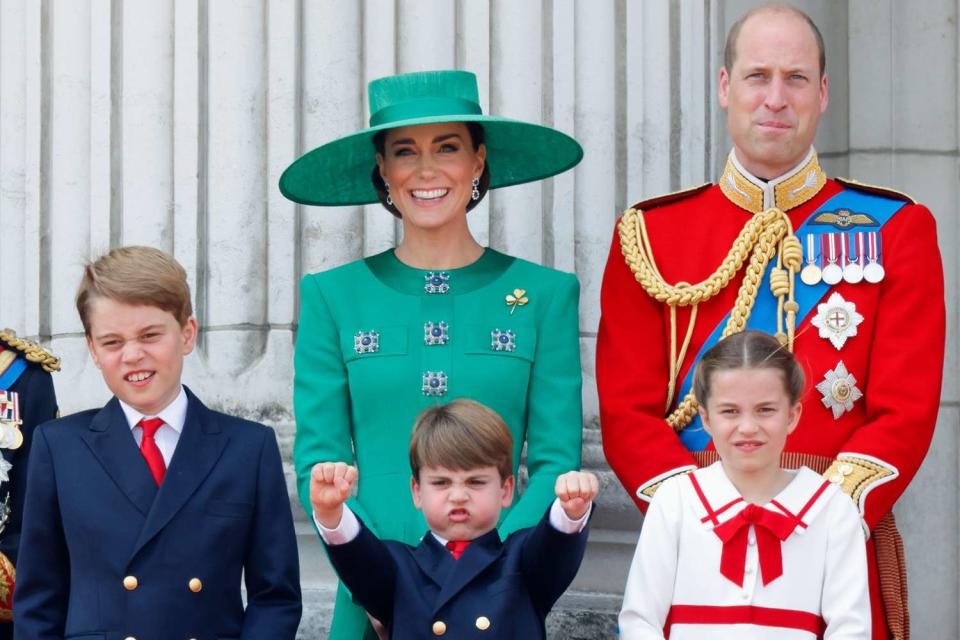 <p>Max Mumby/Indigo/Getty Images</p> (Left to right) Prince George, Kate Middleton, Prince Louis, Prince William and Princess Charlotte on the balcony of Buckingham Palace during Trooping the Colour on June 17, 2023.