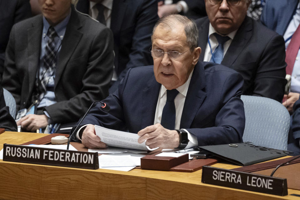 Russia's Foreign Minister Sergey Lavrov speaks during a Security Council meeting at United Nations headquarters, Tuesday, Jan. 23, 2024. (AP Photo/Yuki Iwamura)