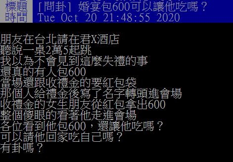 原PO提問「婚宴包600元可以讓他吃嗎？」（圖／翻攝自PTT）