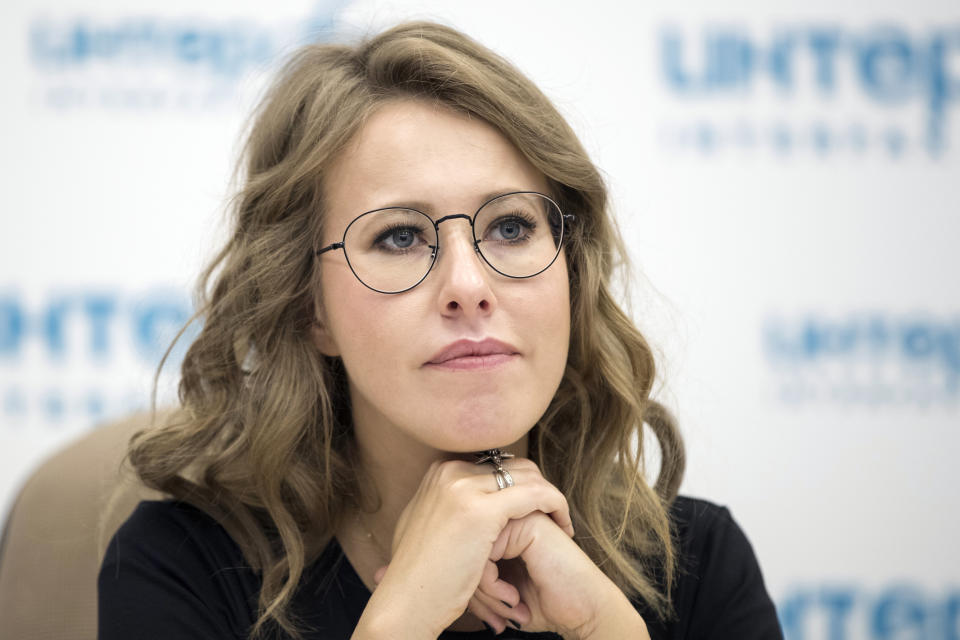 FILE - Former presidential candidate and TV star Ksenia Sobchak attends a news conference in Moscow, on Thursday, May 31, 2018. Russian investigators on Wednesday, Oct. 26, 2022 raided the home of Sobchak, the glamourous daughter of Russian President Vladimir Putin's one-time boss, in a move that has sent shockwaves through the country's political scene. (AP Photo/Pavel Golovkin, File)