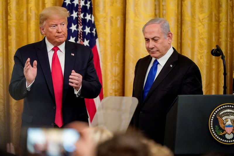 U.S. President Trump and Israel's Prime Minister Netanyahu discuss Middle East peace plan proposal at the White House in Washington