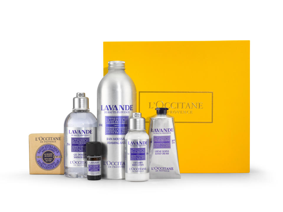 <p>When the baby sleeps is the perfect time to unwind in a warm, soothing, lavender bath. Massage your temples with the fragrant lavender essential oil and don’t forget to soothe on a skin-nourishing hand cream. Aromatic L’Occitane Lavender Collection, $89, <a rel="nofollow noopener" href="https://usa.loccitane.com/fragrant-lavender-collection,82,1,29211,1227370.htm#s=78851" target="_blank" data-ylk="slk:usa.loccitane.com.;elm:context_link;itc:0;sec:content-canvas" class="link ">usa.loccitane.com.</a> </p>