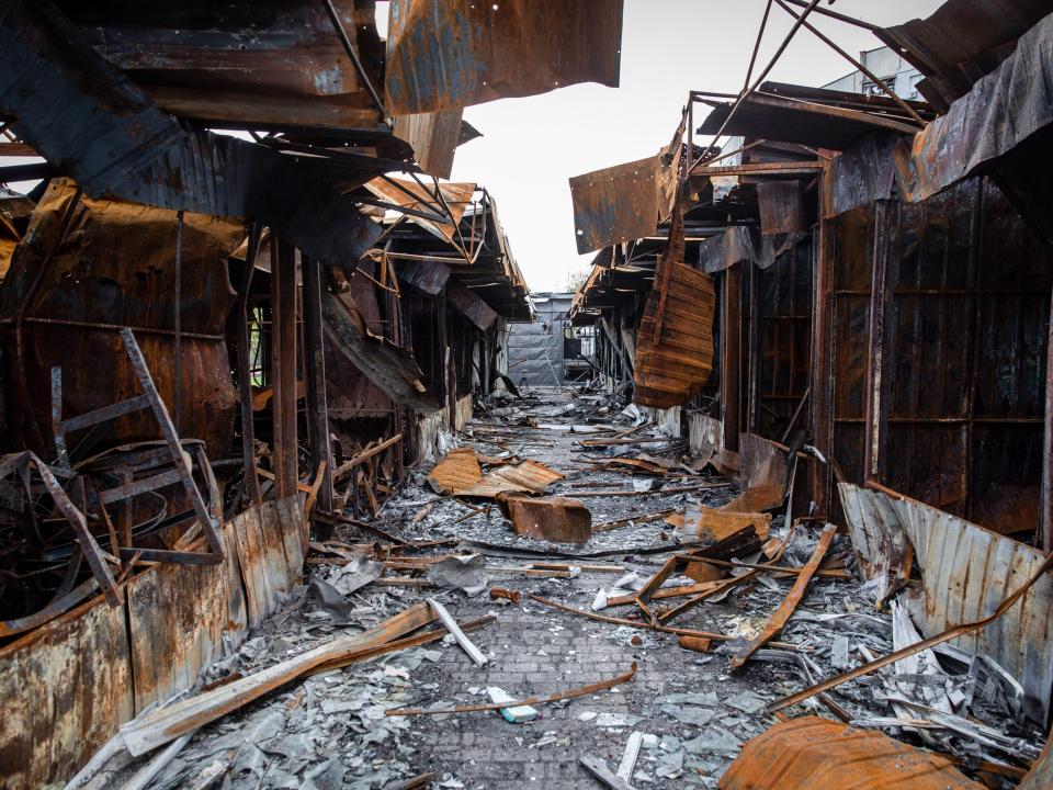 A destroyed market seen in Saltivka, near Molodova in Kharkiv, on April 29, 2022.