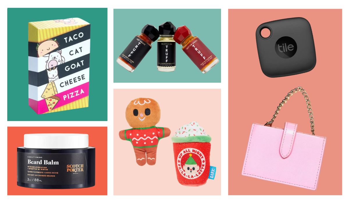 a collage of six items on colored backgrounds. It includes a box of “TACO CAT GOAT CHEESE PIZZA” card game, three bottles of TRUFF hot sauce, a black Tile tracker, a container of “Beard Balm” by SCOTCH PORTER, a gingerbread man dog toy, and a pink handbag with gold chain handles.