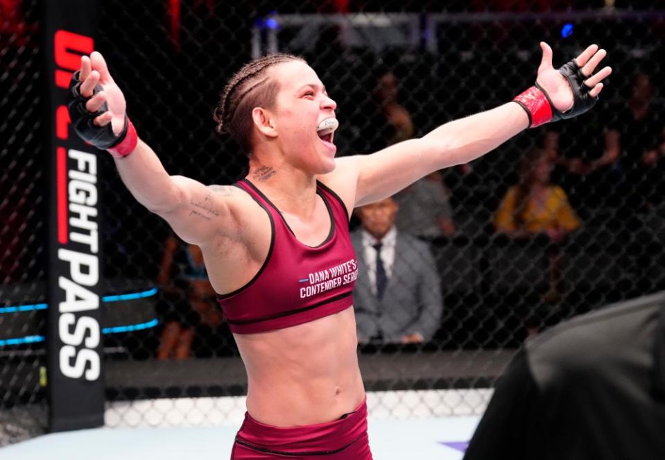 LAS VEGAS, NEVADA – AUGUST 15: Eduarda Moura of Brazil reacts after her victory over Janaina Silva of Brazil in a strawweight fight during Dana White’s Contender Series season seven, week two at UFC APEX on August 15, 2023 in Las Vegas, Nevada. (Photo by Louis Grasse/Zuffa LLC via Getty Images)
