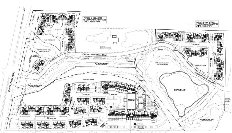 A site plan sketch shows how 155 new senior housing units would occupy property owned by Thrive at Augusta. At far left, Furys Ferry Road is shown running vertically.