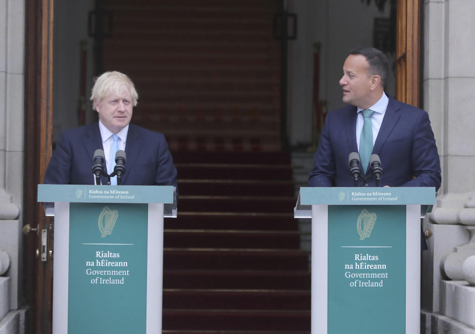 Britain's Prime Minister Boris Johnson, left, meets with Ireland's Prime Minister Leo Varadkar at Government Buildings in Dublin, Monday Sept. 9, 2019. Boris Johnson is to meet with Leo Varadkar in search of a compromise on the simmering Brexit crisis. (Niall Carson/PA via AP)