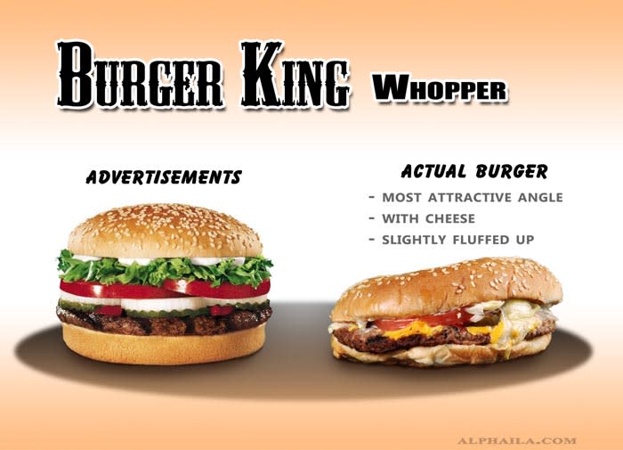 <b>Burger King Whopper</b><br> <br> The advertised burger vs. an actual Burger King Whopper. <br> <br> (Image via <a href="http://www.alphaila.com/articles/failure/fast-food-false-advertising-vs-reality/" rel="nofollow noopener" target="_blank" data-ylk="slk:Dario D;elm:context_link;itc:0;sec:content-canvas" class="link ">Dario D</a>.)