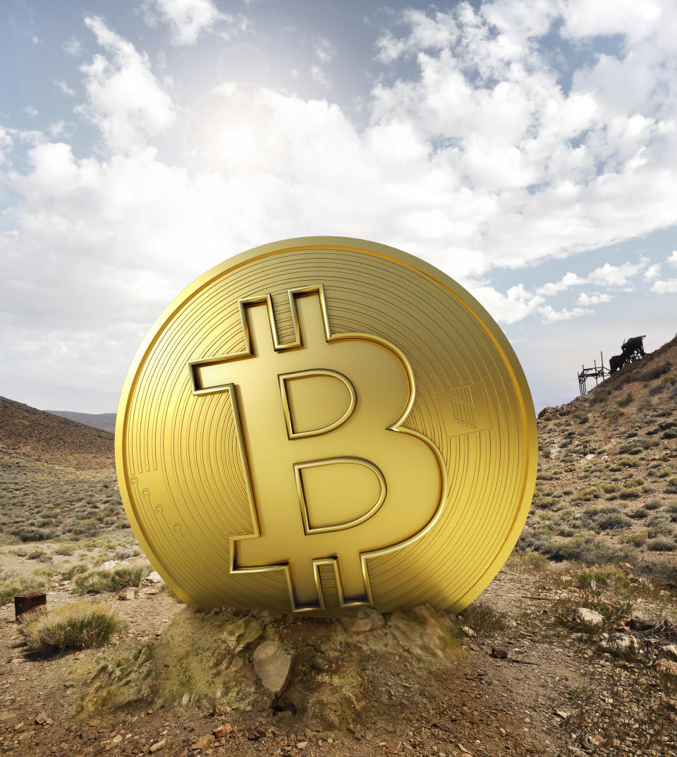 Bitcoin emerging from the soil in a mine