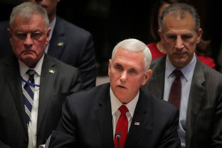 U.S. Vice President Mike Pence addresses the United Nations Security Council at U.N. headquarters in New York, U.S., April 10, 2019. REUTERS/Brendan McDermid