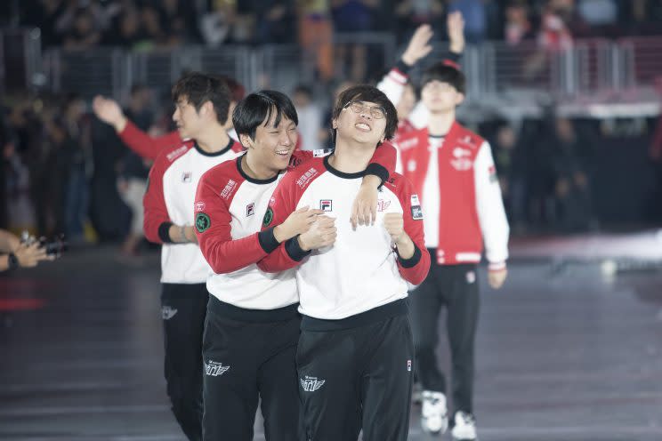 SK Telecom T1 after their third World Championship Finals victory (Riot Games/lolesports)