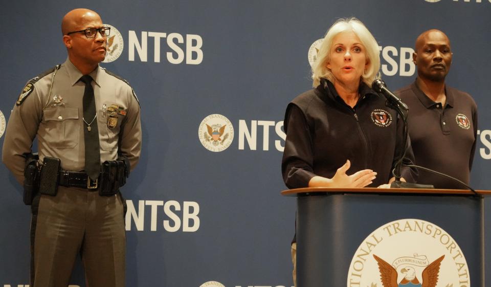 National Transportation Safety Board Chair Jennifer Homendy speaks Wednesday about the fatal five-vehicle crash a day earlier on I-70 in Etna that killed six people, including three students and three chaperones. At left is Ohio State Highway Patrol superintendent Col. Charles Jones, and at right is Kenneth Bragg, senior accident investigator with the NTSB's Office of Highway Safety. The news conference was held at the Ohio State Highway Patrol Academy on 17th Avenue in Columbus.