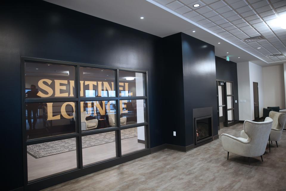 The Sentinel Lounge is seen on the 6th floor of the former Milwaukee Journal Sentinel building with ample seating, large windows and a fireplace on Tuesday, Nov. 15, 2022.
