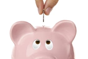 Piggy bank looking up for the coin isolated on white