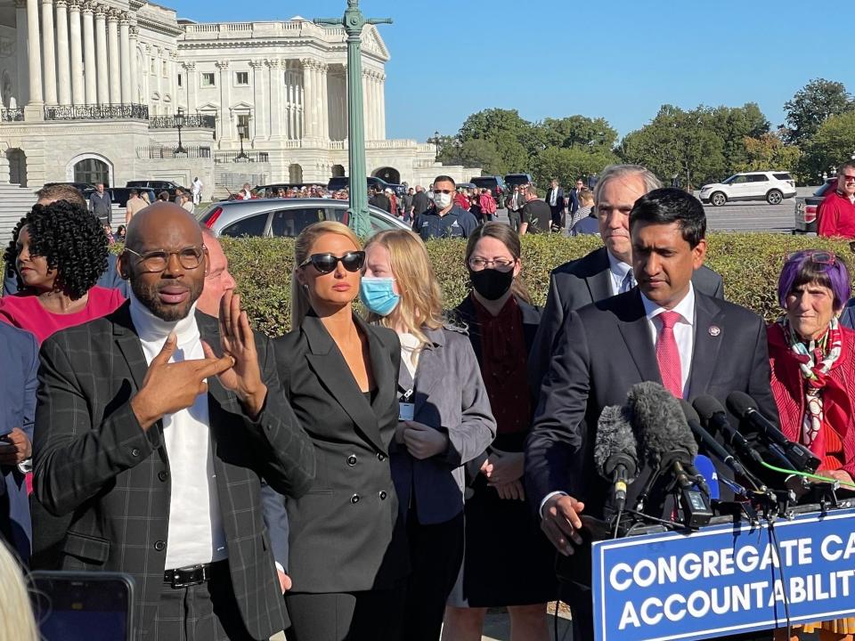Paris Hilton and Democratic Rep. Ro Khanna of California speak at a press conference in October 2021.