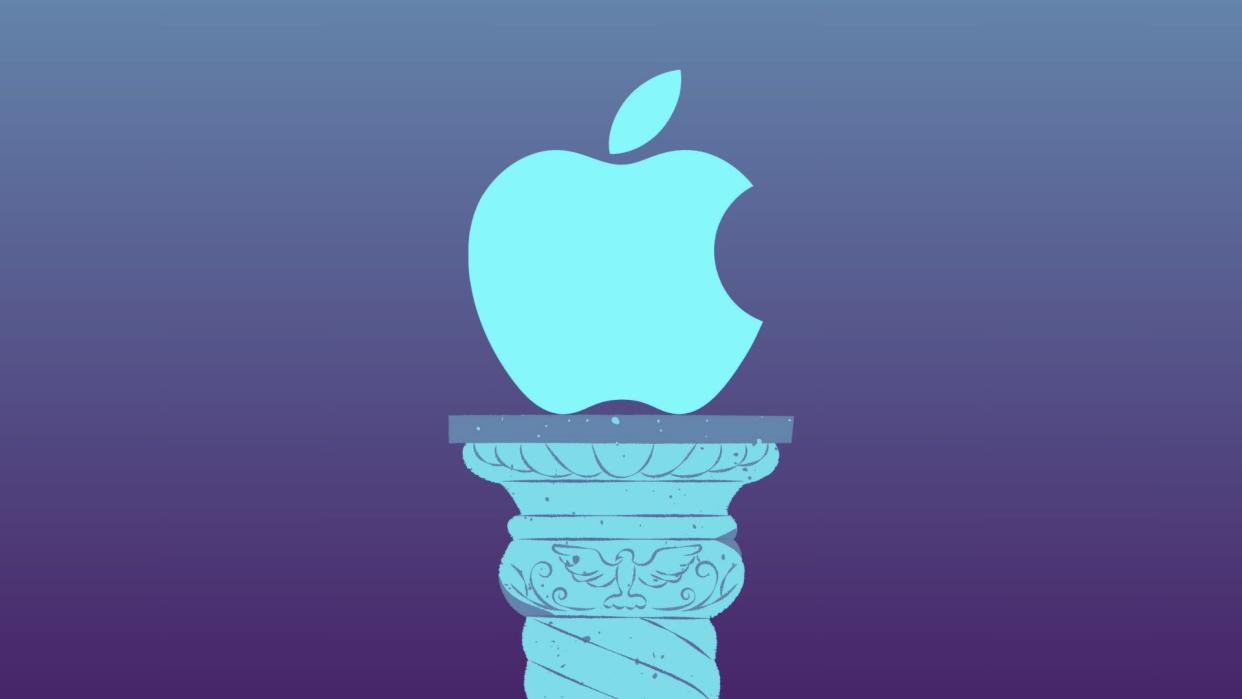  The Apple logo on a pedestal against a blue gradient background. 