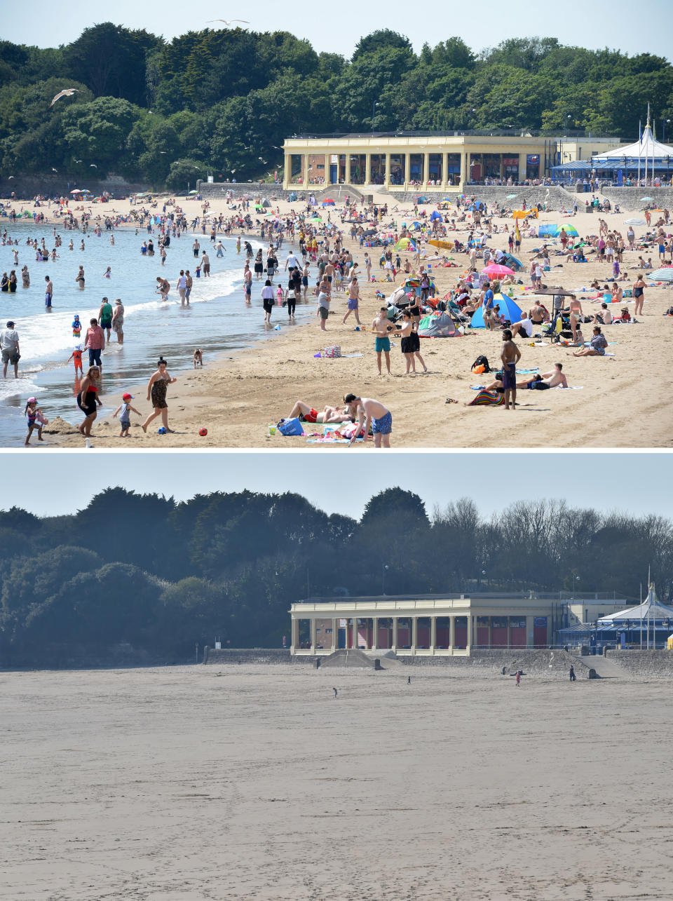 Composite photos of people on the beach at Barry Island, South Wales, on 19/06/17 (top), and on Wednesday 25/03/20 (bottom), after Prime Minister Boris Johnson put the UK in lockdown to help curb the spread of the coronavirus.