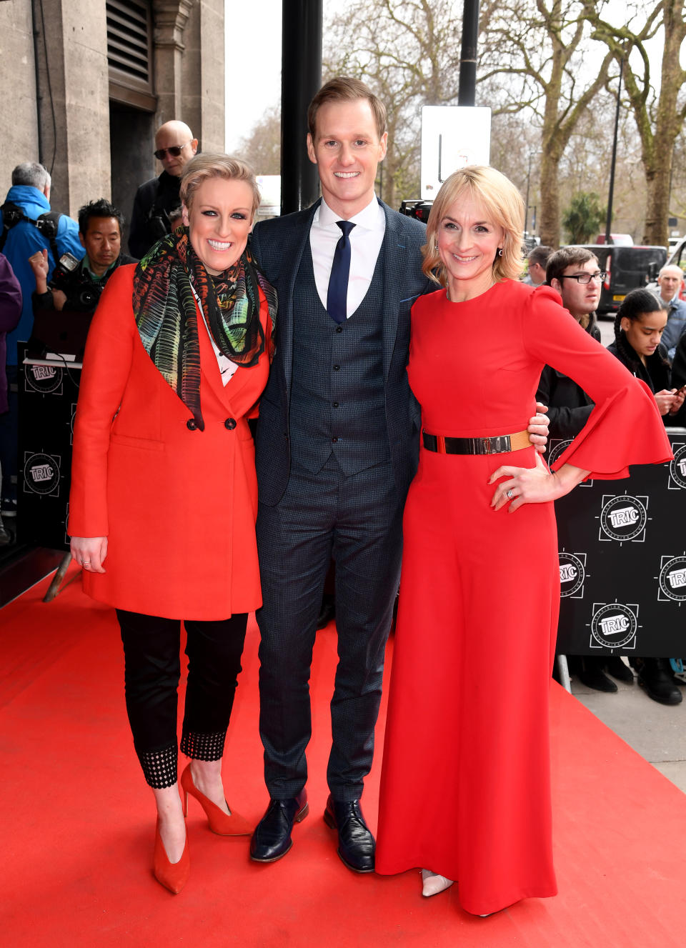 Steph McGovern (left), Dan Walker and Louise Minchin attending the 2018 TRIC Awards at the Grosvenor House Hotel in London. Photo credit should read: Doug Peters/EMPICS Entertainment