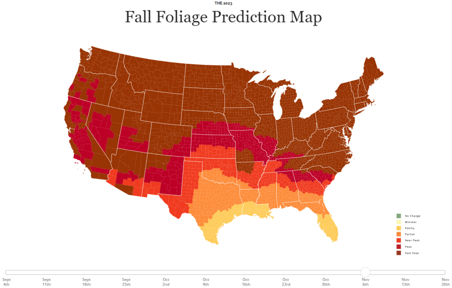 Fall foliage predictions for the week of Nov. 6, 2023. (Smokymountains.com)