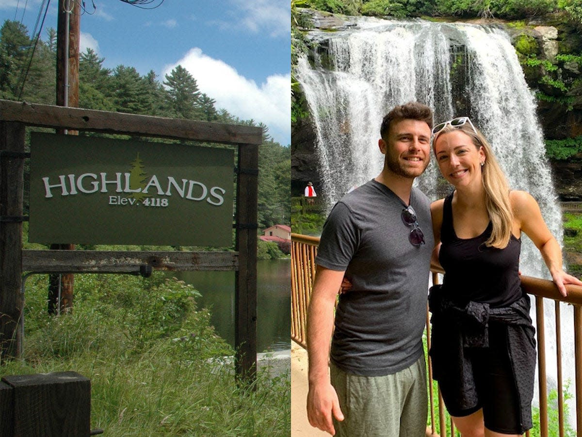 highlands, NC sign on left, Rebecca Strong and her fiance on the right