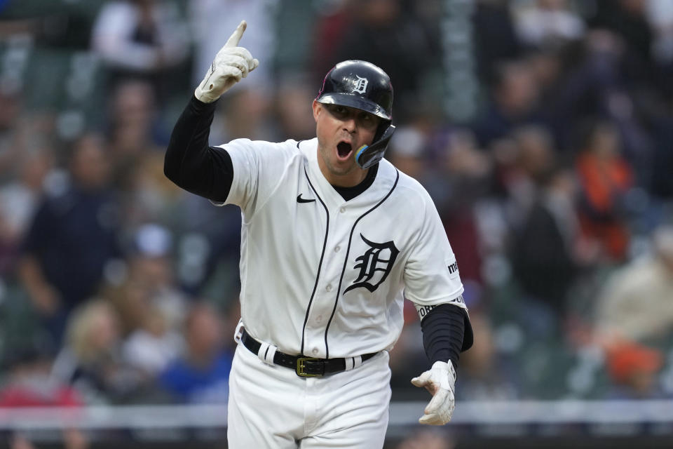 Detroit Tigers' Spencer Torkelson celebrates his three-run home run against the Kansas City Royals in the seventh inning of a baseball game, Thursday, Sept. 28, 2023, in Detroit. (AP Photo/Paul Sancya)