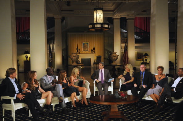 The Real Housewives of DC Season 1 Reunion - Pictured: (l-r) Rich Amons, Mary Schmidt-Amons, Ebong Eka, Lynda Erkiletian, Catherine Ommanney, Andy Cohen, Michaele Salahi, Tareq Salahi, Stacie Turner, Jason Turner<span class="copyright">William B. Plowman/NBCU Photo Bank/Getty Images</span>