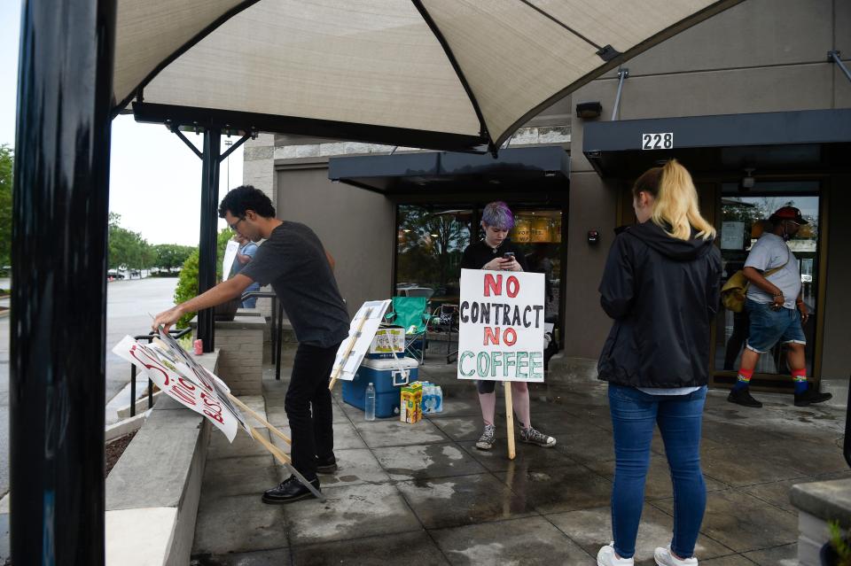Starbucks union workers and supporters protest outside of their store off Robert C. Daniel Jr. Parkway on Tuesday, July 19, 2022. 