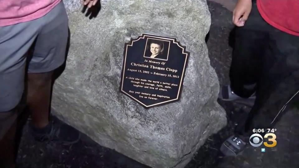 The memorial was erected to honor 9-year-old Christian Clopp, a local Cub Scout who died in 2012 from an inoperable brain tumor. (Photo: CBS Philly)