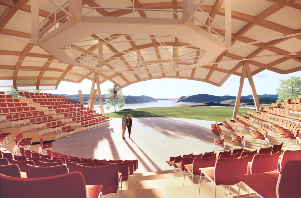 A rendering of the new permanent home of Hudson Valley Shakespeare Festival, designed by Jeanne Gang of Studio Gang, shows the timber-frame open-air pavilion that will take shape on the former grounds of Garrison Golf Course. The theater will have commanding views of the Hudson River and Storm King Mountain to the North, on land gifted by philanthropist Chris Davis.