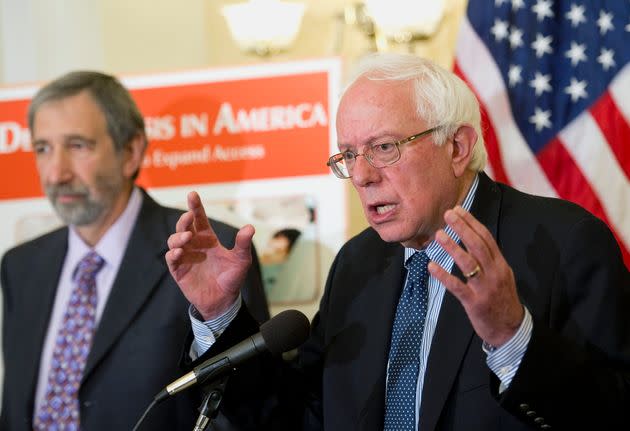 Paul Glassman, the director for the Pacific Center for Special Care, and Sen. Bernie Sanders (I-Vt.) speak at a news conference to announce legislation to 