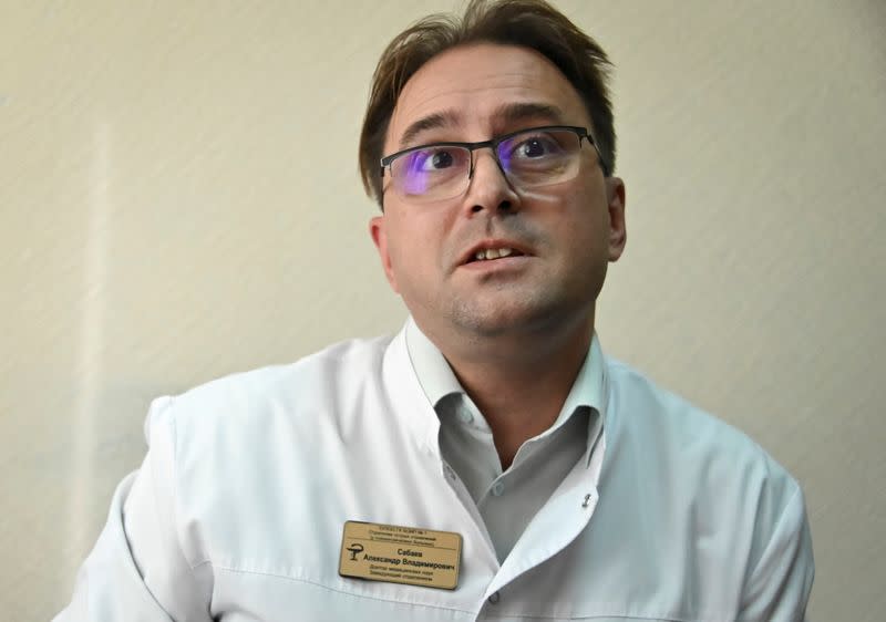 Alexander Sabaev, the chief toxicologist of the hospital where Russian opposition leader Alexei Navalny received medical treatment before his medical evacuation to Germany, looks on during an interview in Omsk