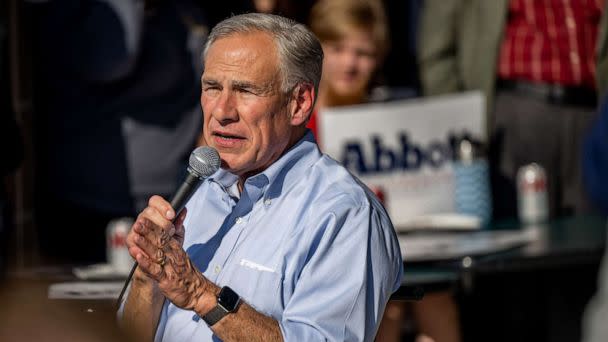 PHOTO: Texas Gov. Greg Abbott speaks during a 'Get Out The Vote' rally on Oct. 27, 2022 in Katy, Texas. (Brandon Bell/Getty Images)