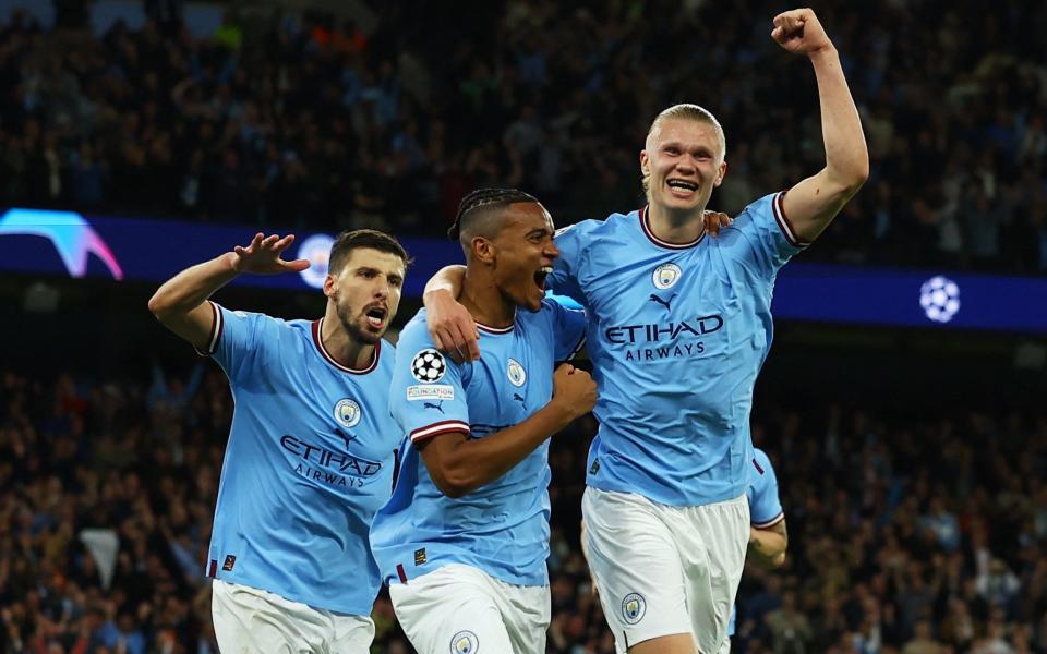 Manchester City's Erling Haaland, Manuel Akanji and Ruben Dias celebrate their third goal - Champions League quarter-final draw: Arsenal face Bayern Munich, Man City play Real Madrid