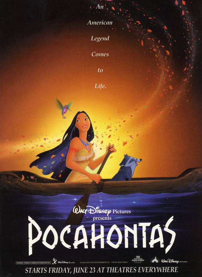 Poster image for the Disney animated film Pocahontas featuring the titular character on a boat with a raccoon and a hummingbird.