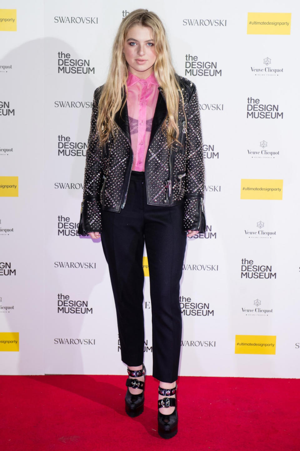 <p>The Gallagher offspring lived up to her rock ‘n’ roll reputation in a studded leather jacket, sheer pink shirt and super high buckled platforms. <i>[Photo: Getty]</i> </p>