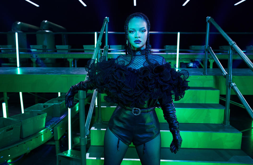 This image released by Savage X Fenty shows designer Rihanna on the set of The Savage X Fenty Show Vol. 2 Presented by Amazon Prime Video in Los Angeles. The lingerie fashion show, with musical performances, dancers and models, will drop Friday exclusively on Amazon Prime Video in more than 240 countries and territories. It’s the line’s second turn on the streaming platform. (Dennis Leupold/Savage X Fenty via AP)