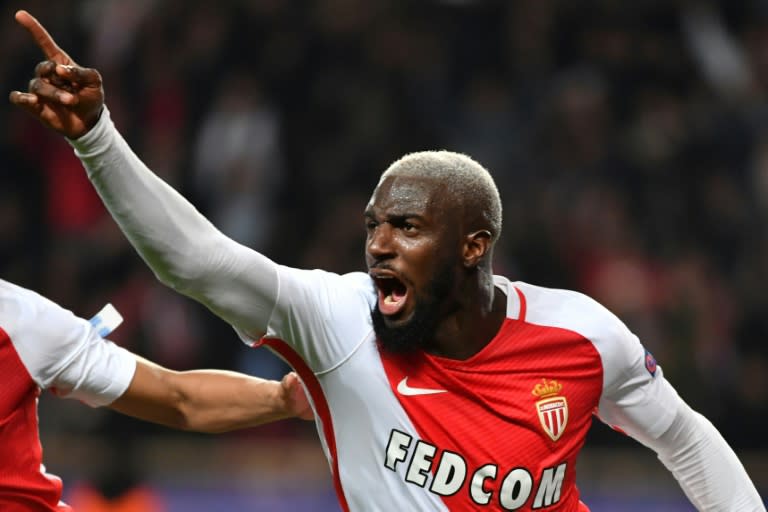 Monaco's midfielder Tiemoue Bakayoko celebrates after scoring a goal during the UEFA Champions League round of 16 football match against Manchester City March 15, 2017