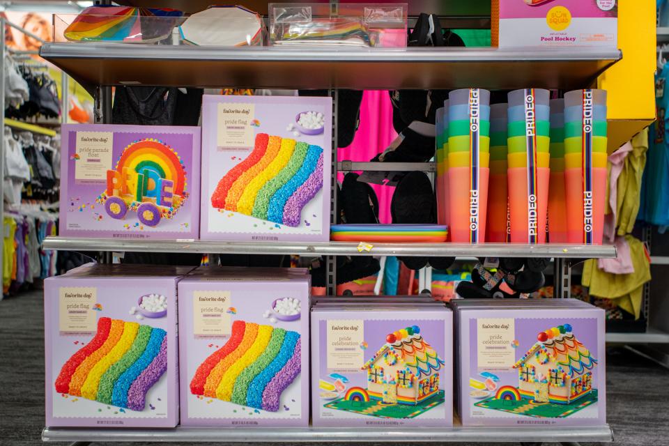 Pride Month apparel accessories are seen on display at a Target store on June 06, 2023 in Austin, Texas. Target, after severe conservative backlash last year, is scaling back in-store sales of Pride merchandise in 2024.
