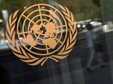 The logo of the United Nations is seen on the outside of their headquarters in New York