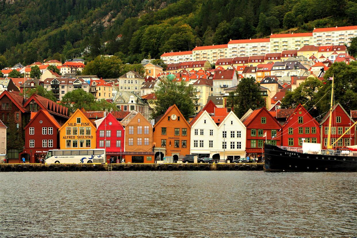 Colorful houses along the coast in Bergen, Norway