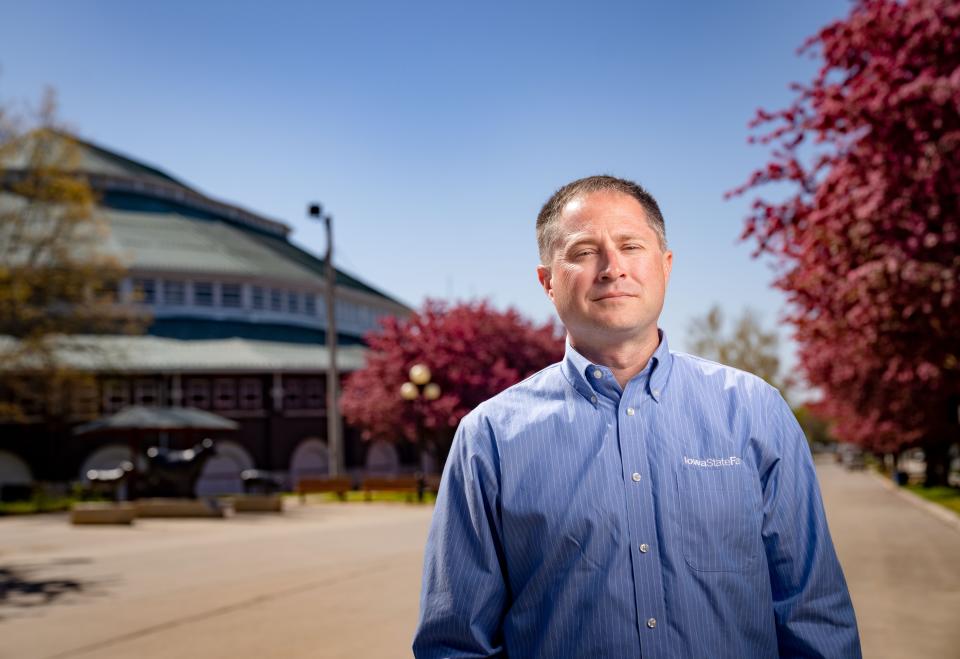 New Iowa State Fair CEO Jeremy Parsons, stands for a photo at the fairgrounds.