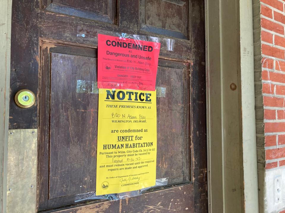 A condemnation notice is still posted on the front door of a residence on the 800 block of Adams Street in Wilmington Wednesday, June 15, 2022, one month after residents were forced from their homes after city inspectors discovered a variety of code violations.