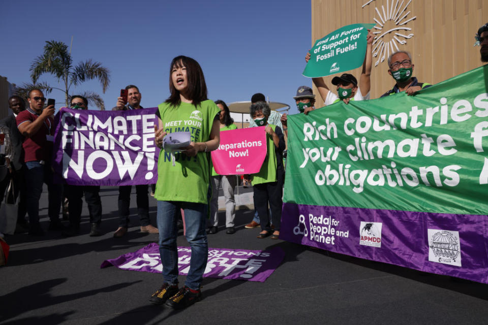 Activists demanding climate finance and debt relief for countries exposed to the effects of climate change protest at an impromptu demonstration at the COP27 climate conference on Nov. 9, 2022 in Sharm El-Sheikh, Egypt.<span class="copyright">Sean Gallup—Getty Images</span>