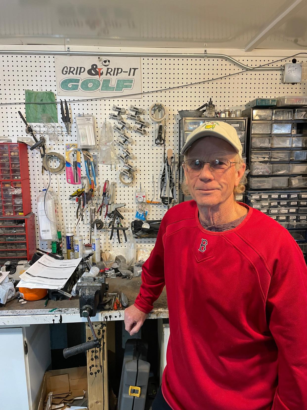 Don Sharron in his Grip & Rip It Golf work shop in the basement of his home in Boylston.