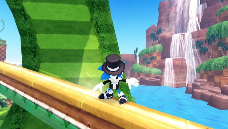 Sonic is shown grinding on a rail while dressed up like a spiffy little guy.