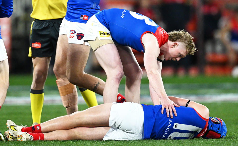 Angus Brayshaw was knocked unconscious in a controversial incident with Brayden Maynard.