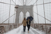 <p>Two people walk over the Brooklyn Bridge during a winter storm in New York, Feb. 9, 2017. (Photo: Stephanie Keith/Reuters) </p>